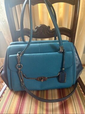 COACH Blue Structured Saffiano Leather Satchel Bag  RARE Special two-tone Blue